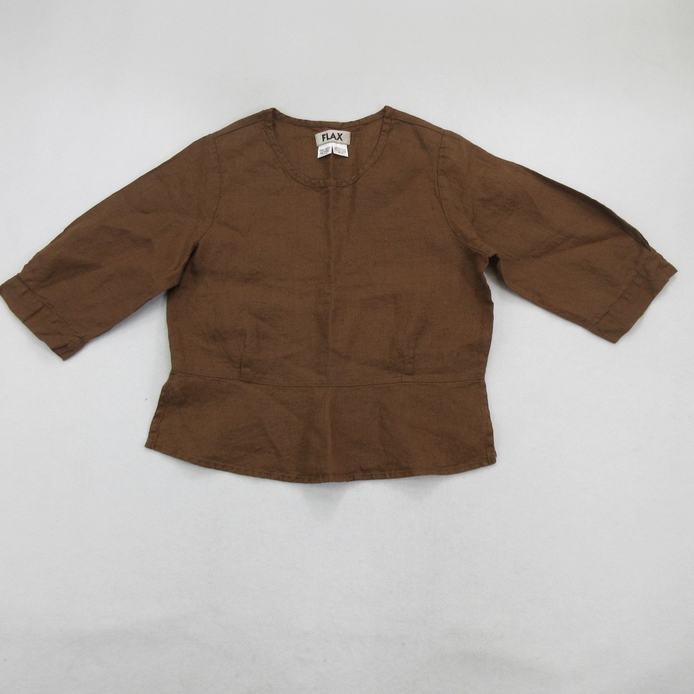 FLAX Women's Linen Peplum Top Size XS Brown 3/4 Sleeve Blouse Lithuania New